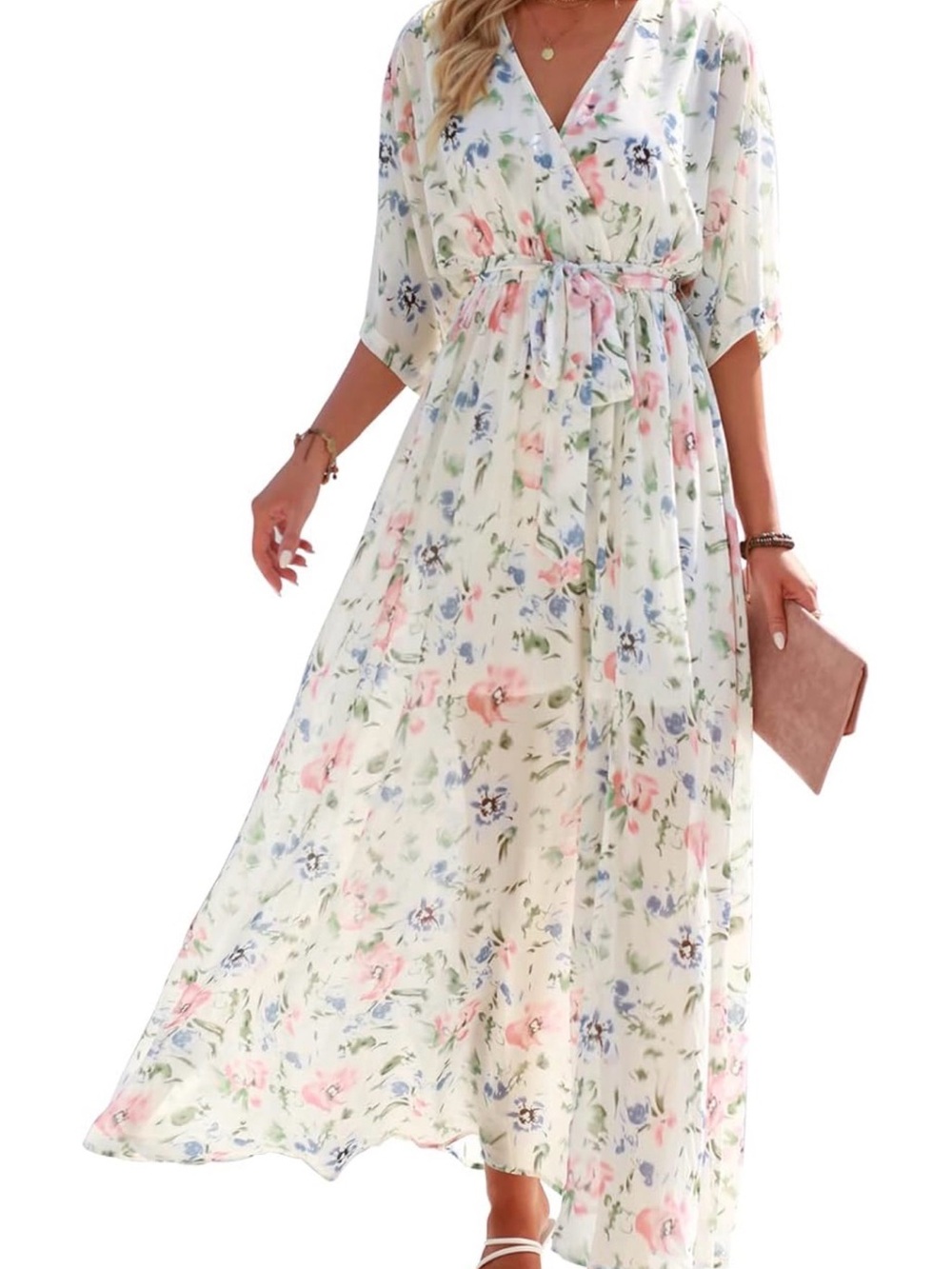 Best Hombre Fashion Cream Floral Wrap Maxi Dress with Pink & Blue Flowers